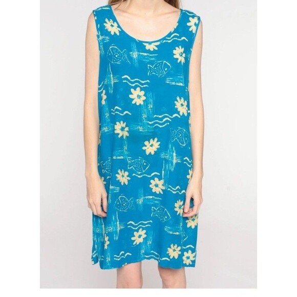 Hawaiian Mumu Dress Beach Y2K Large Womens Fish Sequin Tropical Coastal - Picture 1 of 14